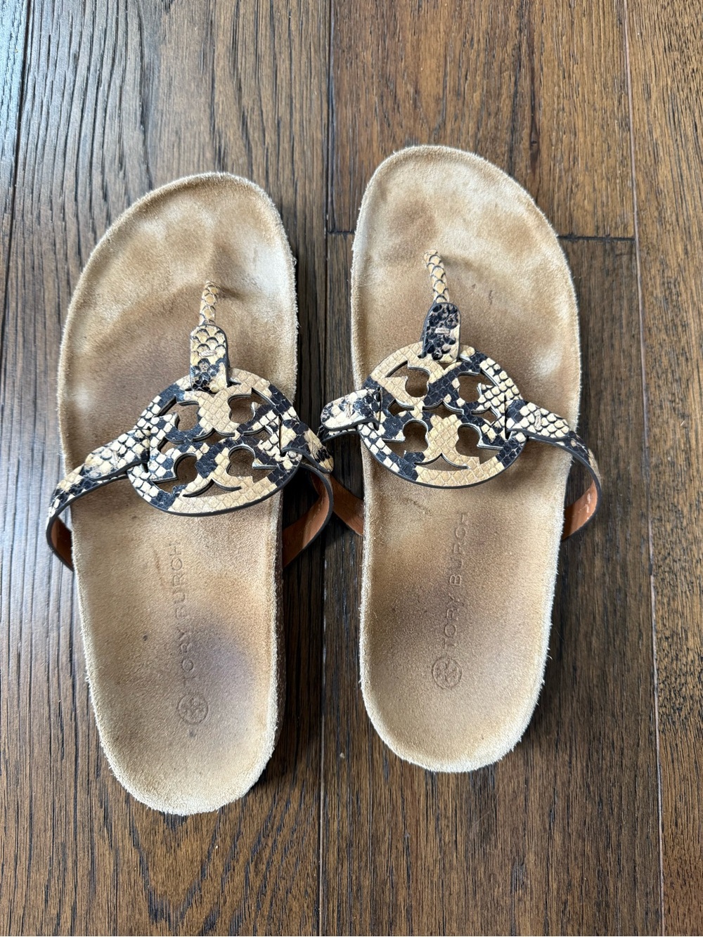 Tory Burch Snake-Print Logo Thong Sandals in Tan & Black